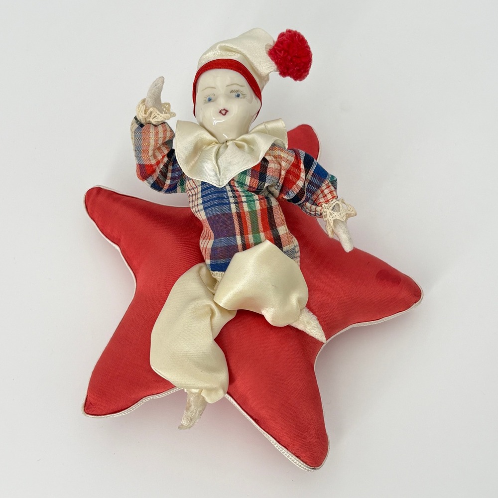 Porcelain Harlequin Clown Doll on Star Plush Pillow OOAK Pierrot Plaid‎